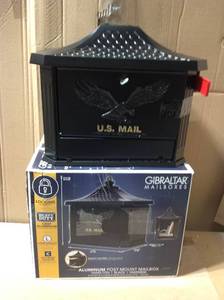 lot 76 image: Gibraltar Mailboxes Hamilton Premium, Large, Locking, Aluminum, Post Mount Mailbox, Black &nbspin good condition