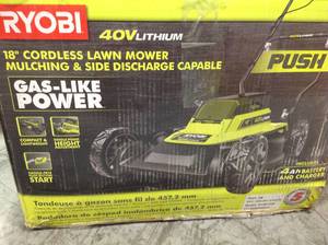 RYOBI 18 in. 40-Volt 2-in-1 Lithium-Ion Cordless Battery Walk Behind Push Mower 4.0 Ah BatteryCharger Included not used