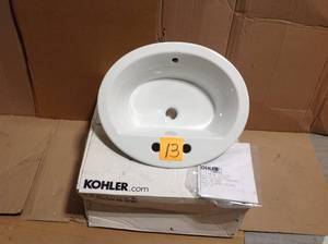 lot 13 image: KOHLER Bryant Drop-In Vitreous China Bathroom Sink in White with Overflow Drain &nbspin good condition