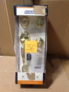 lot 36 image: Plymouth Bright Brass Single Cylinder Deadbolt with Flair Knob Door Handleset &nbspin good condition