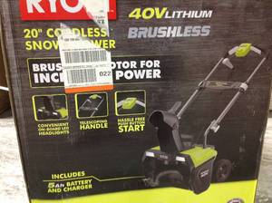 lot 103 image: RYOBI 20 in. 40-Volt Single-Stage Brushless Cordless Electric Snow Blower with 5.0 Ah Battery and Charger Included in good conditions