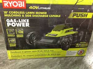 lot 111 image: RYOBI 18 in. 40-Volt 2-in-1 Lithium-Ion Cordless Battery Walk Behind Push Mower 4.0 Ah BatteryCharger Included IN GOOD CONDITIONS