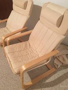 lot 72 image: Lot of Two Cushioned Solid Wood Framed Spring Back Lounge Chairs