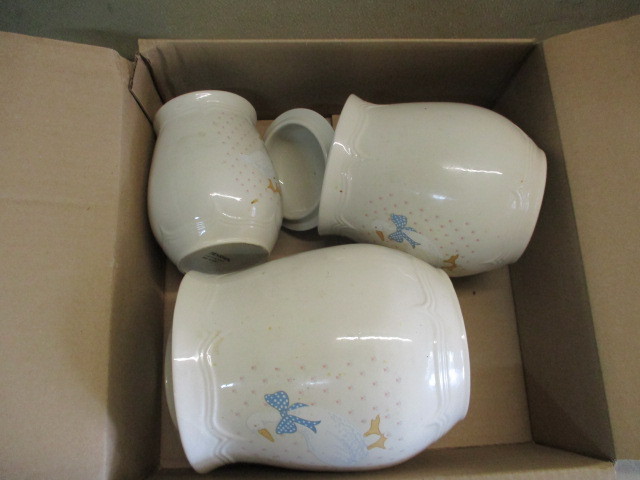 lot 137 image: 3 Country themed Goose Ceramic Jar set. Nice for any  Kitchen. Box of Antique Records  MGM, Decca, etc.,Condiment Caddy and Coffee Caddy.
