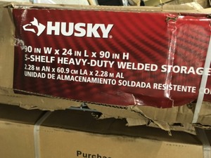 lot 26 image: HUSKY Black 5-Tier Heavy Duty Welded Steel Garage Storage Shelving Unit (90 in. W x 90 in. H x 24 in. D) CUSTOMER RETURNS SEE PICS