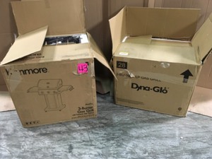 lot 43 image: KENMORE 3 BURNER PROPANE GAS GRILL IN MOCHA WITH FOLDING SHELVES & DYNA-GLO 3 BURNER LP GAS GRILL CUSTOMER RETURNS SEE PICS