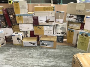 lot 42 image: MIXED PALLET WITH ASSORTED HAMPTON BAY HOME DECOR COLLECTION CEILING FAN WITH LIGHT DIFFERENT TYPESMODELS CUSTOMER RETURNS SEE PICS