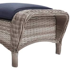Beacon Park Gray Wicker Outdoor Patio Ottoman with Standard Midnight Trellis Navy Blue Cushions