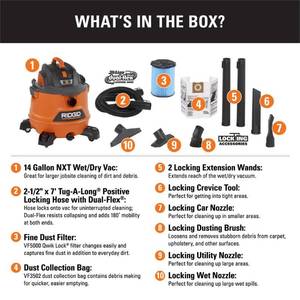RIDGID 14 Gal. 6.0-Peak HP NXT WetDry Shop Vacuum with Fine Dust Filter, Dust Bag, Hose and 7 Accessories