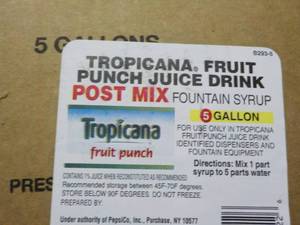 lot 157 image: 5 Gallon Tropicana Fruit Punch Juic...
