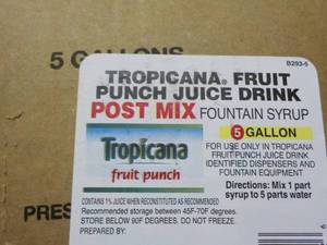 lot 158 image: 5 Gallon Tropicana Fruit Punch Juic...