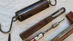 lot 114 image: Antique Hand Tool Assortment including an Old Plane