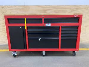 lot 10 image: MILWAUKEE 61 in. 11-Drawer1-Door 22 in. D Mobile Workbench with Sliding Pegboard Back Wall in RedBlack