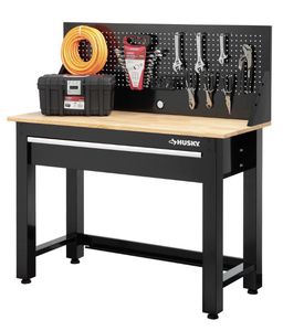 lot 81 image: HUSKY 4 ft. Solid Wood Top Workbench with Pegboard Storage