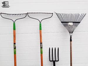 lot 117 image: 3 Lawn Rakes & Pitch fork