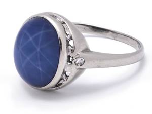 lot 28 image: Star Sapphire and Diamond Estate Ring in 14k White Gold $4800 Appraisal