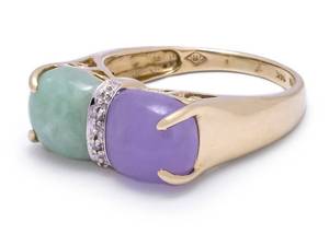 lot 42 image: Splendid Natural Purple and Green Jade and Diamond Estate Ring in 14k Yellow Gold $1750 Appraisal