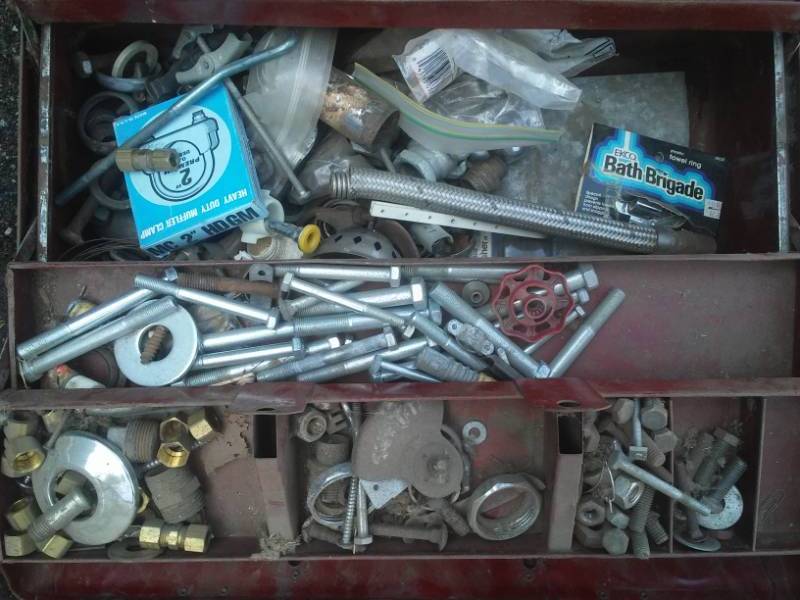 lot 107 image: 2 metal parts bins & large toolbox includes Contents.