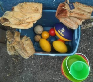 lot 3 image: Outdoor toys, Croquet set, gloves, balls, buckets & more.