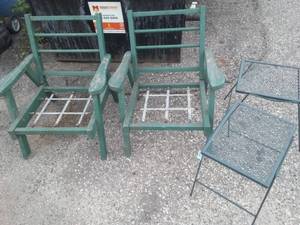 lot 11 image: Lawn Furniture wood chairs, metal tables.