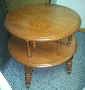 lot 112 image: 2 tiered wood table - natural stain,