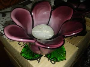 lot 161 image: 8 Purple glass flower candle holders, champagne flutes & more.