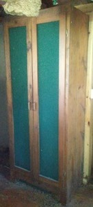 lot 244 image: Vintage Green Cloth front and Brown Wood Shelving.