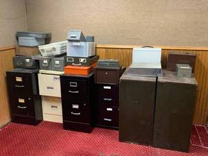lot 3 image: Large Lot of File Cabinets, Cash Boxes, Misc.