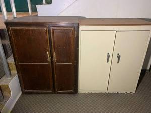 lot 13 image: Antique Wood Cabinet & Metal Cabinet