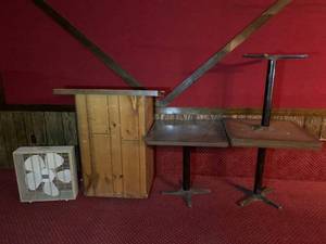 lot 47 image: Podium, Box Fan, Lot of 3 Tables 30 x 30