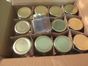 lot 233 image: Box of 12 4 oz Hexagon Jars...
