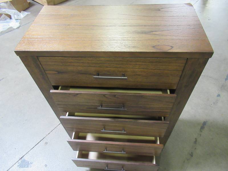 lot 316 image: 5 Drawer Dresser in Walnut Stain, Measures Approximately 34 x 16 12 x 48 Tall - Broken Back RH Leg.