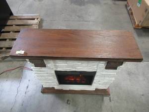 lot 105 image: Home Decorators Collection Highland 40 in. Media Console with Faux Stone Electric Fireplace TV Stand in Rustic White 112241