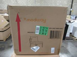 lot 107 image: Modway Riverside Aluminum Armless Middle Outdoor Sectional Chair in White with Navy Cushions EEI-3567-WHI-NAV