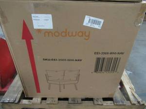 lot 108 image: Modway Riverside Aluminum Corner Outdoor Sectional Chair in White with Navy Cushions EEI-3569-WHI-NAV