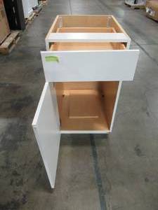lot 110 image: Hampton Bay Benton Assembled 18x34.5x24.5 in. Base Cabinet with Soft Close Full Extension Drawer in White BT1835B-WH
