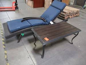 lot 327 image: Mixed Brown Wicker Lounge Chair and Aluminum Table - Missing screws to install chair arms.