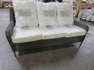 lot 340 image: Hampton Bay Cambridge Gray Wicker Outdoor Patio Sofa with Bare Cushions, H055-01203900 - Slip Covers Not Included