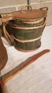lot 108 image: Primitive Wooden Maple Syrup Buckets and Folk Art Ladle