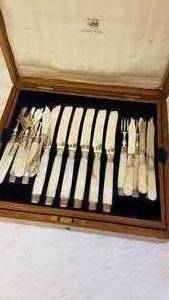 lot 36 image: Gorgeous Mother of Pearl with Sterling Band Fish Flatware Service