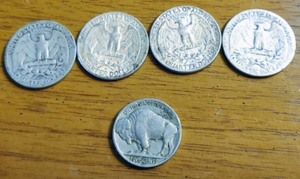 lot 159 image: Four Silver Quarters & Buffalo Nickel