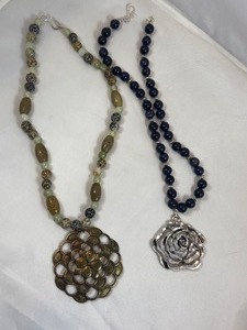 lot 24 image: Pair of Statement Flower Necklaces w Natural Stones