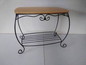 lot 60 image: Longaberger Woodcrafts Wood-Topped Wrought Iron Bench