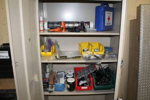 lot 254 image: First Aid Kit, Carpet Protector, Dremel Engraver 290-01, Dremel Tool Attachments, Screws, Zipties, Hand Tools, Cable Connectors, Wall Hangars, Plastic Storage Bins, Allen Wrench, Screwdrivers,
