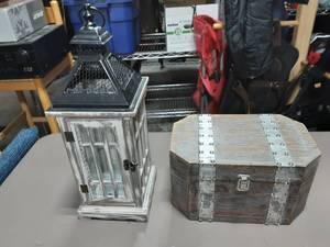 lot 5 image: Weathered Wood Lantern & Treasure Chest Stash Box