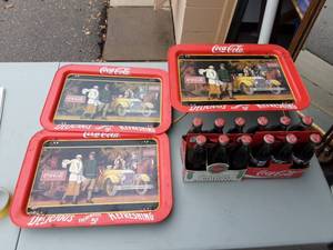 lot 26 image: 3-Coca Cola Lap Trays, 2-Six Packs Bottles