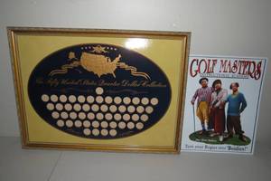 lot 458 image: Framed State Quarter Display, Tin 3 Stooges