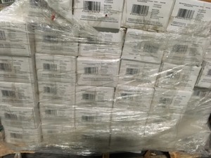 lot 65 image: PALLET WITH  34 CASES OF Home Decorators Collection Hand Scraped Wire Brushed Strand Woven White 38 in. T x 5-18 in. W x 72 in. L Engineered Click Bamboo Flooring