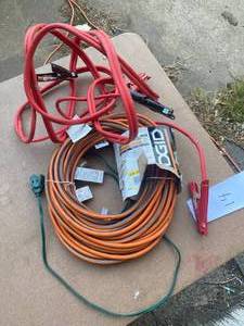 lot 814 image: jumper cables and brand new Indoor  outdoor Power chord 