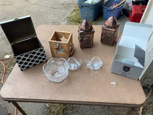 lot 37 image: Candle holder lot and Wooden box  and nortiake Hampton hall Colleciton